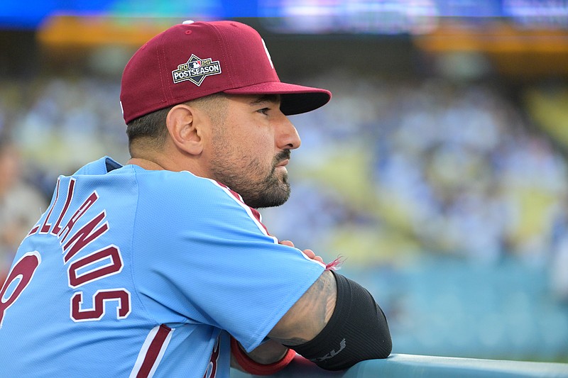 Oct 8, 2025; Los Angeles, California, USA; Philadelphia Phillies right fielder Nick Castellanos (8) looks on before the game against the Los Angeles Dodgers during game three of the NLDS round for the 2025 MLB playoffs at Dodger Stadium. Mandatory Credit: Jayne Kamin-Oncea-Imagn Images