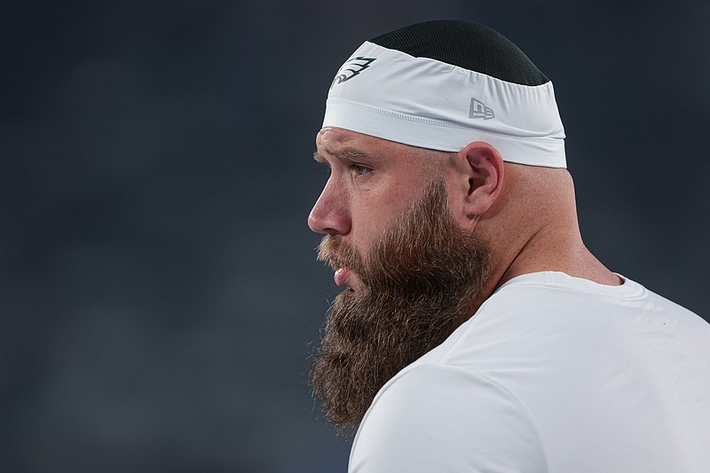 Oct 9, 2025; East Rutherford, New Jersey, USA; Philadelphia Eagles offensive tackle Lane Johnson (65) on the field before the game against the New York Giants at MetLife Stadium. Mandatory Credit: Vincent Carchietta-Imagn Images