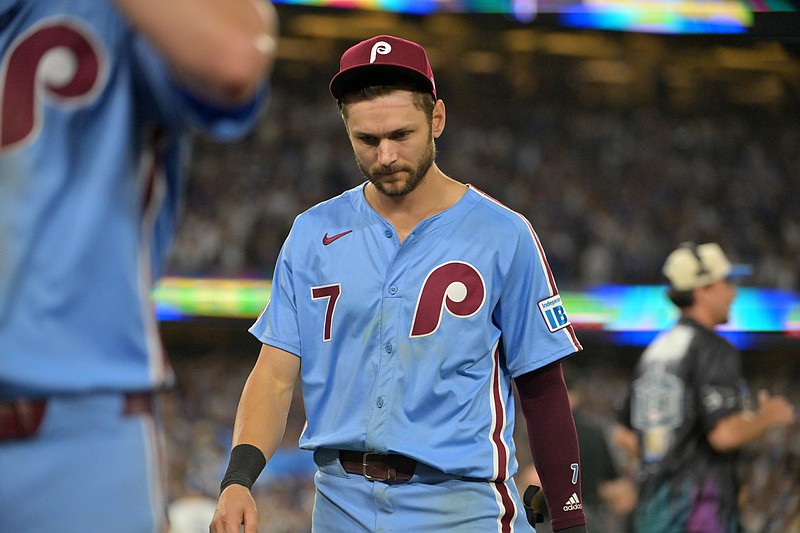 Oct 9, 2025; Los Angeles, California, USA;  Philadelphia Phillies shortstop Trea Turner (7) reacts after losing the NLDS round for the 2025 MLB playoffs against the Los Angeles Dodgers at Dodger Stadium. Mandatory Credit: Jayne Kamin-Oncea-Imagn Images