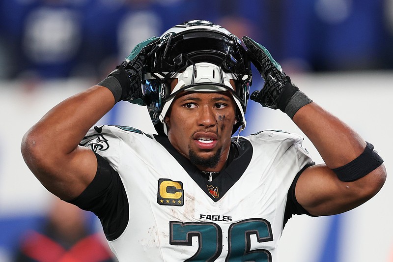Oct 9, 2025; East Rutherford, New Jersey, USA; Philadelphia Eagles running back Saquon Barkley (26) looks on during the second quarter of the game against the New York Giants at MetLife Stadium. Mandatory Credit: Vincent Carchietta-Imagn Images