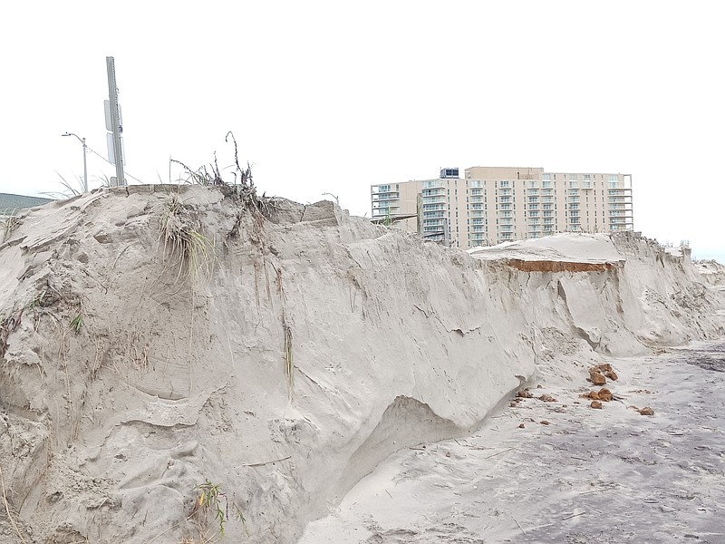 The dunes at Fifth Street have been partially sheared away, leaving sharp drop-offs resembling cliffs.