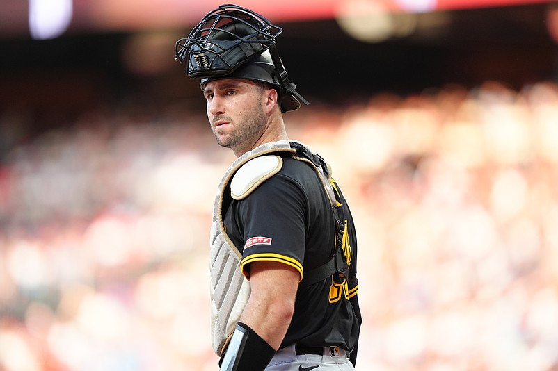 May 17, 2025; Philadelphia, Pennsylvania, USA; Pittsburgh Pirates catcher Joey Bart (14) looks on against the Philadelphia Phillies in the fourth inning at Citizens Bank Park. Mandatory Credit: Kyle Ross-Imagn Images