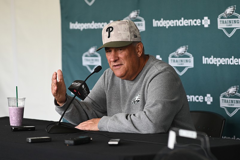 Jul 24, 2025; Philadelphia, PA, USA; Philadelphia Eagles defensive coordinator Vic Fangio addresses media during training camp at NovaCare Complex. Mandatory Credit: Kyle Ross-Imagn Images