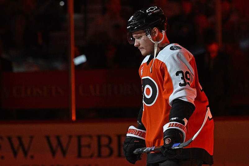 Oct 13, 2025; Philadelphia, Pennsylvania, USA; Philadelphia Flyers right wing Matvei Michkov (39) skates onto the ice during player introductions against the Florida Panthers during the first period at Wells Fargo Center. Mandatory Credit: Eric Hartline-Imagn Images