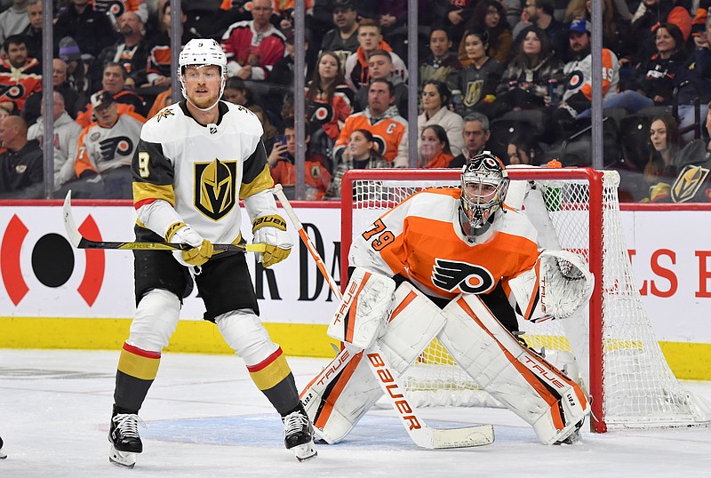 Mar 8, 2022; Philadelphia, Pennsylvania, USA; Vegas Golden Knights center Jack Eichel (9) and Philadelphia Flyers goaltender Carter Hart (79) during the first period at Wells Fargo Center. Mandatory Credit: Eric Hartline-USA TODAY Sports