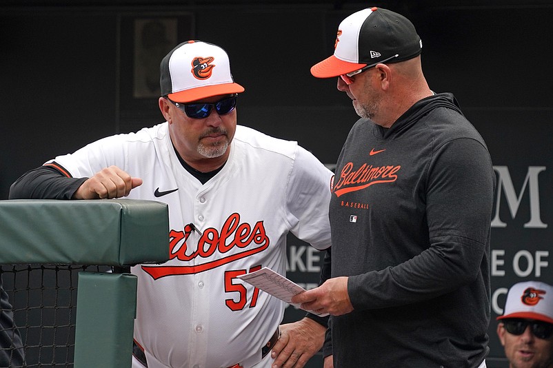 Apr 17, 2024; Baltimore, Maryland, USA; Baltimore Orioles coach Fredi Gonzalez (left) talks with manager Brandon Hyde (right) in the first inning against the Minnesota Twins at Oriole Park at Camden Yards. Mandatory Credit: Mitch Stringer-USA TODAY Sports