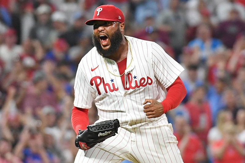 Apr 29, 2025; Philadelphia, Pennsylvania, USA; Philadelphia Phillies pitcher JosŽ Alvarado (46) reacts after striking out the side during the eighth inning against the Washington Nationals at Citizens Bank Park. Mandatory Credit: Eric Hartline-Imagn Images