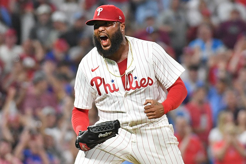 Apr 29, 2025; Philadelphia, Pennsylvania, USA; Philadelphia Phillies pitcher JosŽ Alvarado (46) reacts after striking out the side during the eighth inning against the Washington Nationals at Citizens Bank Park. Mandatory Credit: Eric Hartline-Imagn Images