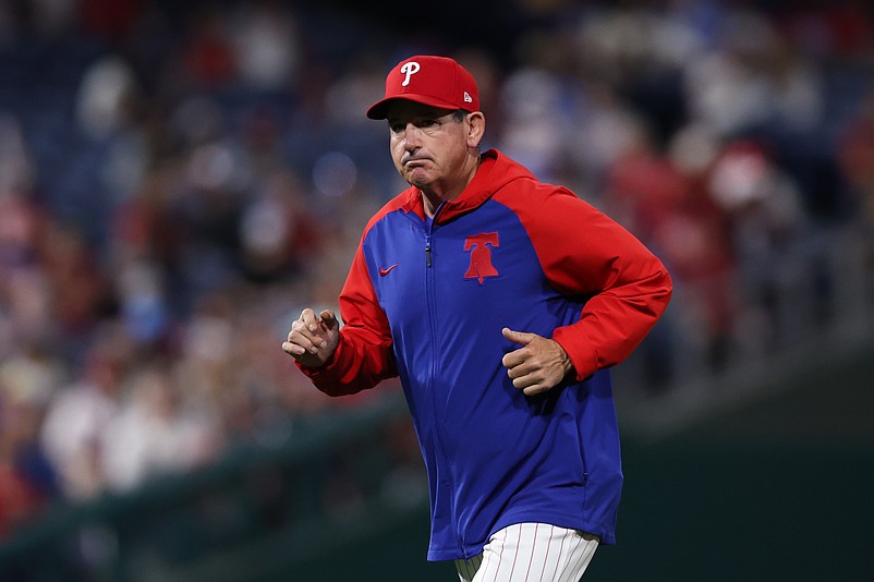 Apr 30, 2025; Philadelphia, Pennsylvania, USA; Philadelphia Phillies manager Rob Thomson during the eighth inning against the Washington Nationals at Citizens Bank Park. Mandatory Credit: Bill Streicher-Imagn Images