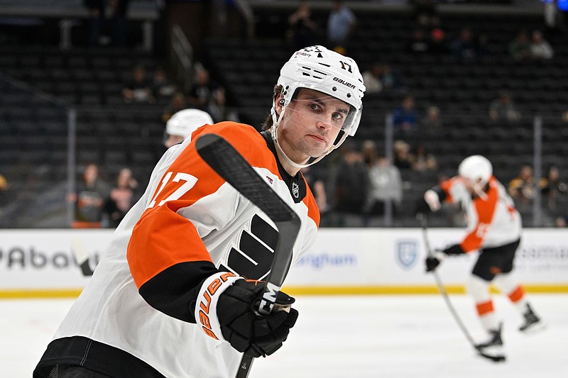 Sep 29, 2025; Boston, Massachusetts, USA;  Philadelphia Flyers center Jett Luchanko (17) warms up before a game against the Boston Bruins at TD Garden. Mandatory Credit: Eric Canha-Imagn Images
