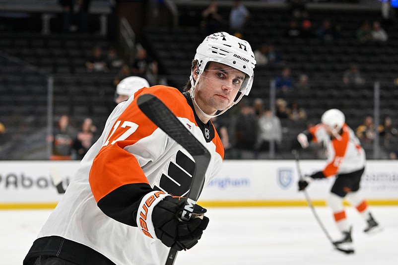 Sep 29, 2025; Boston, Massachusetts, USA;  Philadelphia Flyers center Jett Luchanko (17) warms up before a game against the Boston Bruins at TD Garden. Mandatory Credit: Eric Canha-Imagn Images