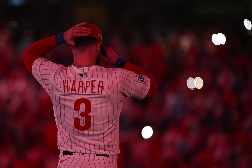 Oct 6, 2025; Philadelphia, Pennsylvania, USA; Philadelphia Phillies first baseman Bryce Harper (3) looks on at the start of the ninth inning during game two of the NLDS round against the Los Angeles Dodgers for the 2025 MLB playoffs at Citizens Bank Park. Mandatory Credit: Eric Hartline-Imagn Images