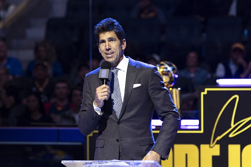 Feb 23, 2025; San Francisco, California, USA; Former Golden State Warriors general manager Bob Myers talks during the Andre Iguodala jersey retirement ceremony at Chase Center. Mandatory Credit: John Hefti-Imagn Images