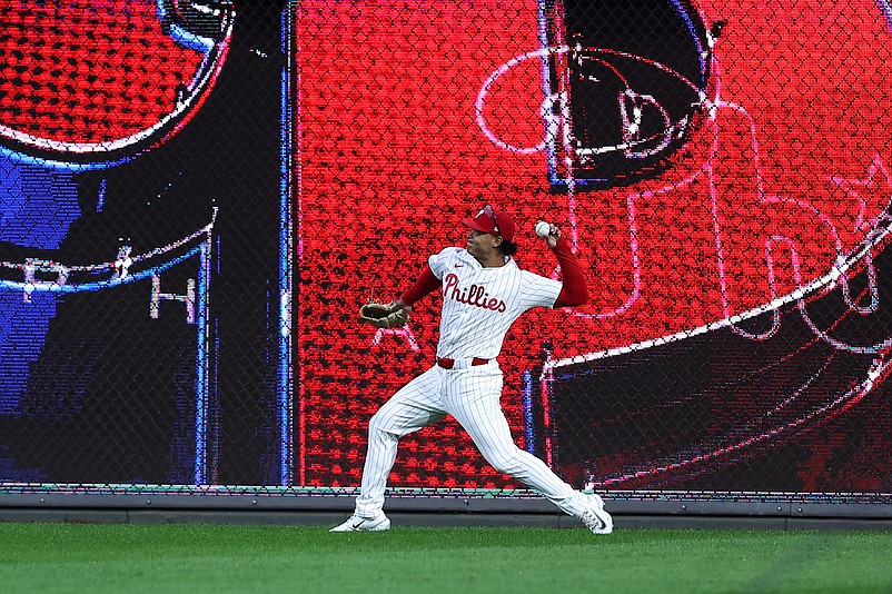 Sep 24, 2025; Philadelphia, Pennsylvania, USA; Philadelphia Phillies pitcher Jesœs Luzardo (44) warms up before action against the Miami Marlins at Citizens Bank Park. Mandatory Credit: Bill Streicher-Imagn Images