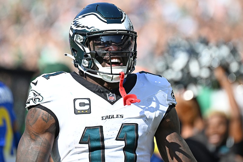 Sep 21, 2025; Philadelphia, Pennsylvania, USA;  Philadelphia Eagles wide receiver AJ. Brown (11) against the Los Angeles Rams at Lincoln Financial Field. Mandatory Credit: Eric Hartline-Imagn Images