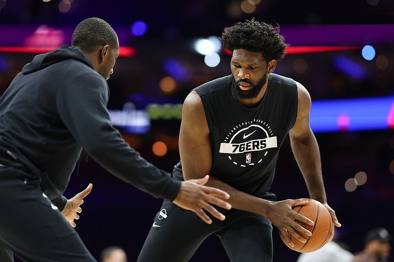 Oct 17, 2025; Philadelphia, Pennsylvania, USA; Philadelphia 76ers center Joel Embiid before action against the Minnesota Timberwolves at Xfinity Mobile Arena. Mandatory Credit: Bill Streicher-Imagn Images