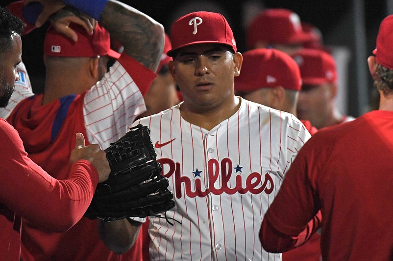Aug 18, 2025; Philadelphia, Pennsylvania, USA; Philadelphia Phillies pitcher Ranger Su‡rez (55) in the dugout after coming out of the game during the seventh inning against the Seattle Mariners at Citizens Bank Park. Mandatory Credit: Eric Hartline-Imagn Images