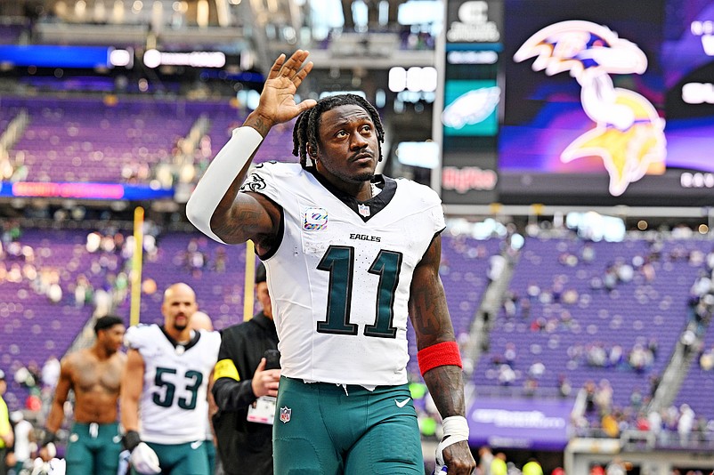 Oct 19, 2025; Minneapolis, Minnesota, USA; Philadelphia Eagles wide receiver A.J. Brown (11) celebrates after the win against the Minnesota Vikings at U.S. Bank Stadium. Mandatory Credit: Jeffrey Becker-Imagn Images