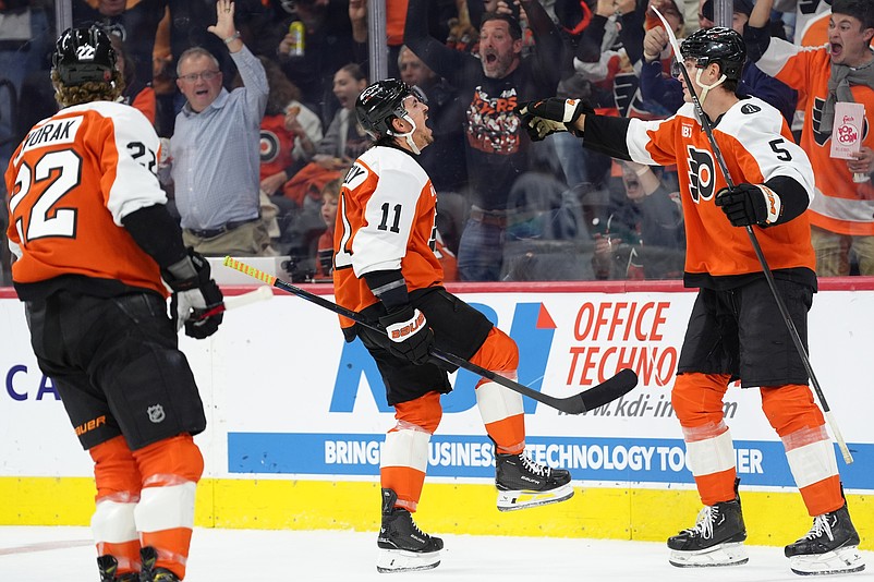 Oct 20, 2025; Philadelphia, Pennsylvania, USA; Philadelphia Flyers right wing Travis Konecny (11) reacts after scoring a goal against the Seattle Kraken in the second period at Xfinity Mobile Arena. Mandatory Credit: Kyle Ross-Imagn Images
