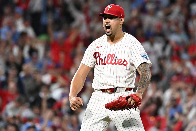 Sep 8, 2025; Philadelphia, Pennsylvania, USA; Philadelphia Phillies pitcher Jhoan Duran (59) celebrates after getting the final out against the New York Mets during the ninth inning at Citizens Bank Park. Mandatory Credit: Eric Hartline-Imagn Images