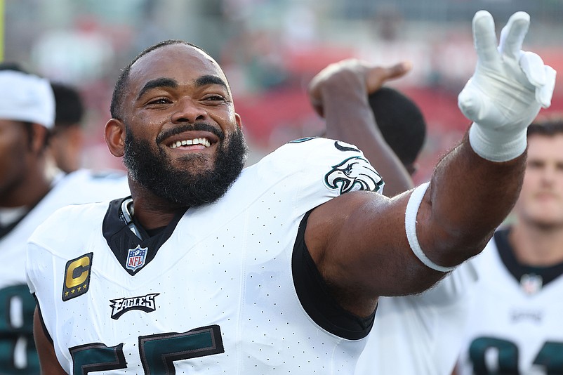 Sep 25, 2023; Tampa, Florida, USA;  Philadelphia Eagles defensive end Brandon Graham (55) prior to the game against the Tampa Bay Buccaneers at Raymond James Stadium. Mandatory Credit: Kim Klement Neitzel-USA TODAY Sports