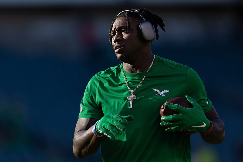 Nov 3, 2024; Philadelphia, Pennsylvania, USA; Philadelphia Eagles wide receiver A.J. Brown warms up before action against the Jacksonville Jaguars at Lincoln Financial Field. Mandatory Credit: Bill Streicher-Imagn Images