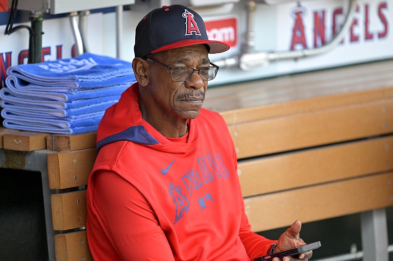May 26, 2025; Anaheim, California, USA;  Los Angeles Angels manager Ron Washington (37) sits in the dugout prior to the game against the New York Yankees at Angel Stadium. Mandatory Credit: Jayne Kamin-Oncea-Imagn Images