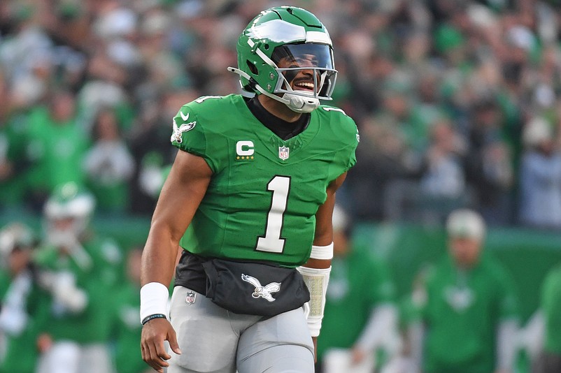 Nov 3, 2024; Philadelphia, Pennsylvania, USA; Philadelphia Eagles quarterback Jalen Hurts (1) celebrates touchdown  pass during the first quarter against the Jacksonville Jaguars at Lincoln Financial Field. Mandatory Credit: Eric Hartline-Imagn Images