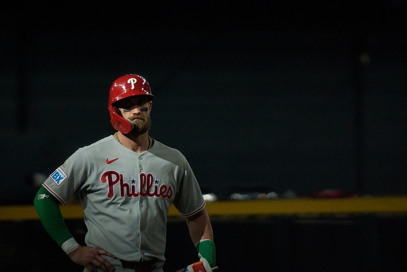 Sep 21, 2025; Phoenix, Arizona, USA; Philadelphia Phillies infielder Bryce Harper (3) readies himself at second base during the ninth inning against the Arizona Diamondbacks at Chase Field. Mandatory Credit: Allan Henry-Imagn Images