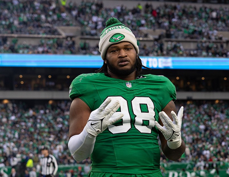 Dec 29, 2024; Philadelphia, Pennsylvania, USA; Philadelphia Eagles defensive tackle Jalen Carter (98) reacts on the sideline during the fourth quarter against the Dallas Cowboys at Lincoln Financial Field. Mandatory Credit: Bill Streicher-Imagn Images