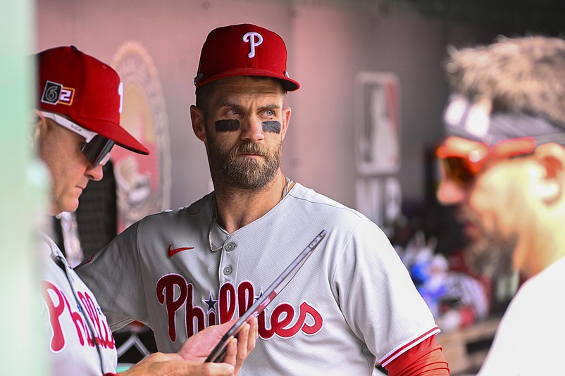 Aug 17, 2025; Washington, District of Columbia, USA; Philadelphia Phillies first baseman Bryce Harper (3) in the dugout before the game against the Washington Nationals at Nationals Park. Mandatory Credit: Brad Mills-Imagn Images