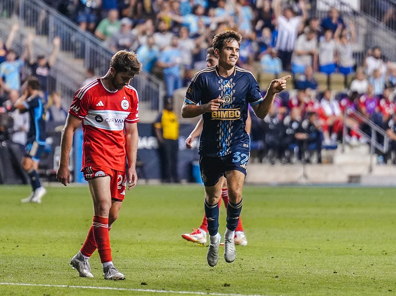Union forward Milan Iloski, right, celebrates his goal in the Aug. 23 win over Chicago as Fire midfielder Jonathan Dean looks on at Subaru Park. (Courtesy of Philadelphia Union)