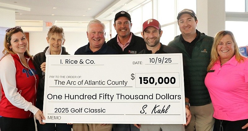 PROVIDED/The Arc of Atlantic County Golf Classic, held Oct. 9, at Galloway National Golf Club raised $150,000 to benefit ARC clients. Pictured from left, Ashley Simons, CFO; Pat Jones, COO; Scott Hennis, CEO; presenting sponsors from I. Rice & Company Dominic Gallo, Ben Honig, Greg Stagnitta and The Arc's Director of Development and Community Outreach, Mary Ruley Moyer.