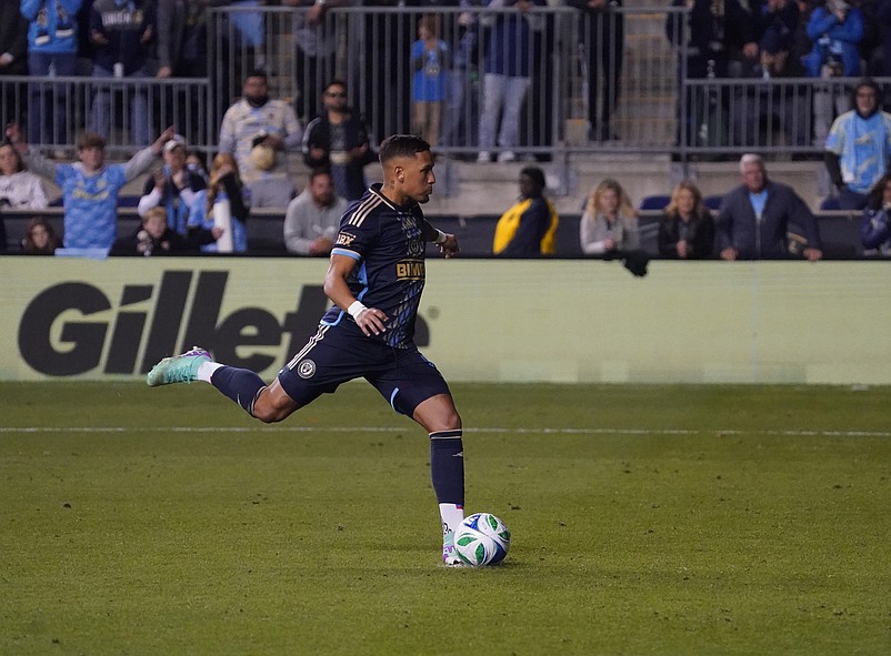 Oct 26, 2025; Chester, Pennsylvania, USA; Philadelphia Union midfielder Jesus Bueno (8) celebrates after defeating the Chicago Fire in a penalty kick shootout at Subaru Park. Mandatory Credit: James Lang-Imagn Images
