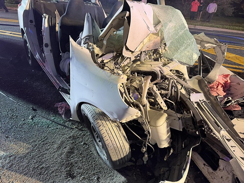 The sedan is destroyed in the head-on crash. (Photos courtesy of Rio Grande Fire Department Facebook page)