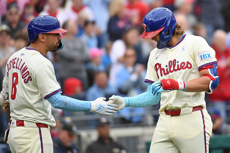 Jun 15, 2025; Philadelphia, Pennsylvania, USA; Philadelphia Phillies third base Alec Bohm (28) celebrates his two-run home run with outfielder Nick Castellanos (8) during the fifth inning against the Toronto Blue Jays at Citizens Bank Park. Mandatory Credit: Eric Hartline-Imagn Images