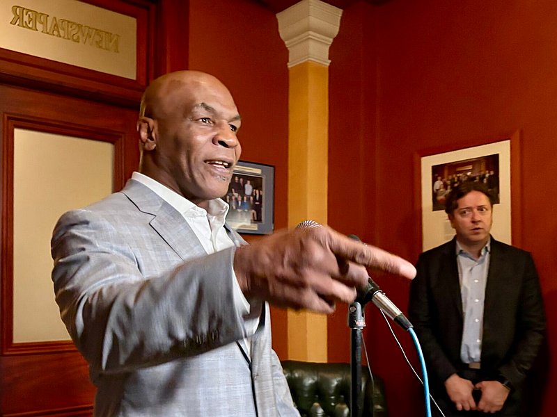 Former heavyweight champion boxer Mike Tyson speaks to reporters at the Pennsylvania Capitol on Wednesday, Oct. 29, 2025. (Credit: Peter Hall/Pennsylvania Capital-Star)