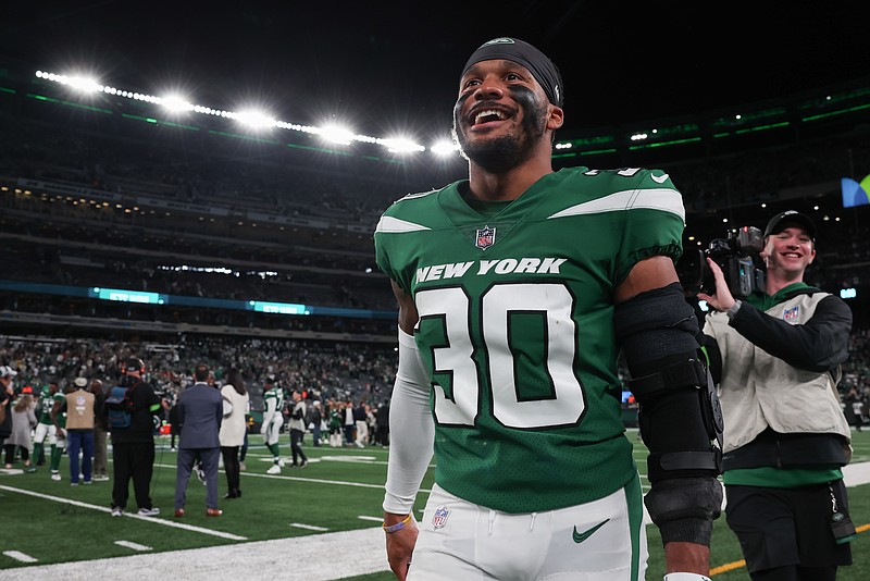 Oct 15, 2023; East Rutherford, New Jersey, USA; New York Jets cornerback Michael Carter II (30) celebrates after the game against the Philadelphia Eagles at MetLife Stadium. Mandatory Credit: Vincent Carchietta-USA TODAY Sports