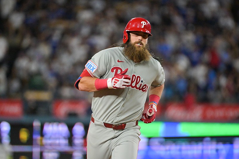 Sep 16, 2025; Los Angeles, California, USA; (Editors Notes:.Caption Correction)  Philadelphia Phillies center fielder Brandon Marsh (16) runs the bases after three run home run during the sixth inning against the Los Angeles Dodgers at Dodger Stadium. Mandatory Credit: Jayne Kamin-Oncea-Imagn Images