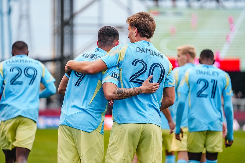 Union forwards Tai Baribo, left, and Bruno Damiani celebrate the former's goal in the first half of Saturday's 3-0 playoff win over Chicago. (Courtesy of Philadelphia Union)