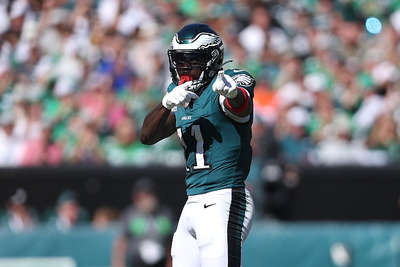 Oct 5, 2025; Philadelphia, Pennsylvania, USA;  Philadelphia Eagles wide receiver A.J. Brown (11) reacts after a catch against the Denver Broncos in the second quarter at Lincoln Financial Field. Mandatory Credit: Bill Streicher-Imagn Images