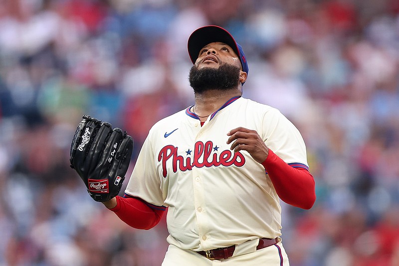 Aug 20, 2025; Philadelphia, Pennsylvania, USA; Philadelphia Phillies pitcher JosŽ Alvarado (46) after pitching out of the eighth inning against the Seattle Mariners at Citizens Bank Park. Mandatory Credit: Bill Streicher-Imagn Images
