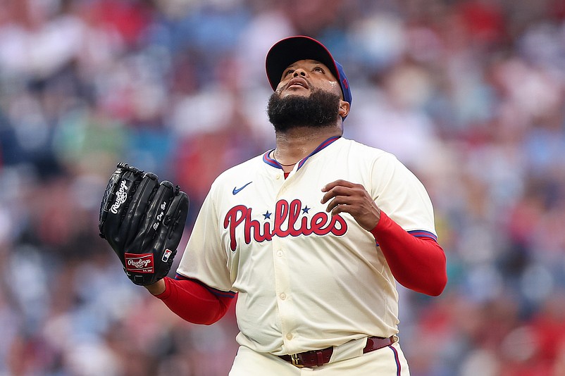 Aug 20, 2025; Philadelphia, Pennsylvania, USA; Philadelphia Phillies pitcher JosŽ Alvarado (46) after pitching out of the eighth inning against the Seattle Mariners at Citizens Bank Park. Mandatory Credit: Bill Streicher-Imagn Images