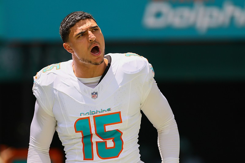 Sep 8, 2024; Miami Gardens, Florida, USA; Miami Dolphins linebacker Jaelan Phillips (15) runs onto the field before the game against the Jacksonville Jaguars at Hard Rock Stadium. Mandatory Credit: Sam Navarro-Imagn Images