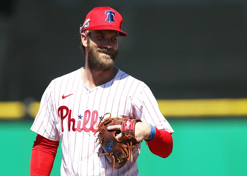 Mar 19, 2025; Clearwater, Florida, USA;  Philadelphia Phillies first base Bryce Harper (3) looks on during the sixth inning against the New York Yankees  at BayCare Ballpark. Mandatory Credit: Kim Klement Neitzel-Imagn Images