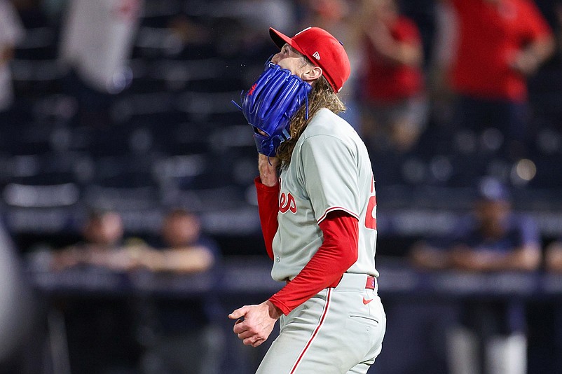 May 6, 2025; Tampa, Florida, USA; Philadelphia Phillies pitcher Matt Strahm (25) reacts after beating the Tampa Bay Rays in the ninth inning at George M. Steinbrenner Field. Mandatory Credit: Nathan Ray Seebeck-Imagn Images