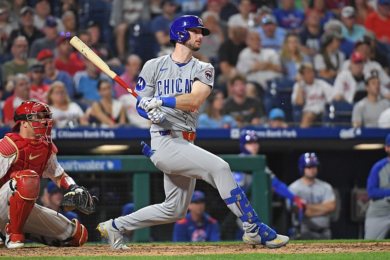 Jun 10, 2025; Philadelphia, Pennsylvania, USA; Chicago Cubs outfielder Kyle Tucker (30) hits an RBI single during the eighth inning against the Philadelphia Phillies at Citizens Bank Park. Mandatory Credit: Eric Hartline-Imagn Images