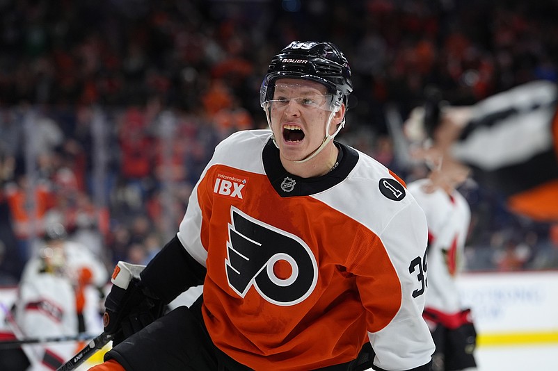 Nov 8, 2025; Philadelphia, Pennsylvania, USA; Philadelphia Flyers right wing Matvei Michkov (39) reacts after scoring a goal against the Ottawa Senators in the second period at Xfinity Mobile Arena. Mandatory Credit: Kyle Ross-Imagn Images