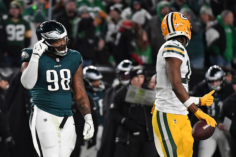 Jan 12, 2025; Philadelphia, Pennsylvania, USA; Philadelphia Eagles defensive tackle Jalen Carter (98) reacts against the Green Bay Packers during the second half in an NFC wild card game at Lincoln Financial Field. Mandatory Credit: Eric Hartline-Imagn Images