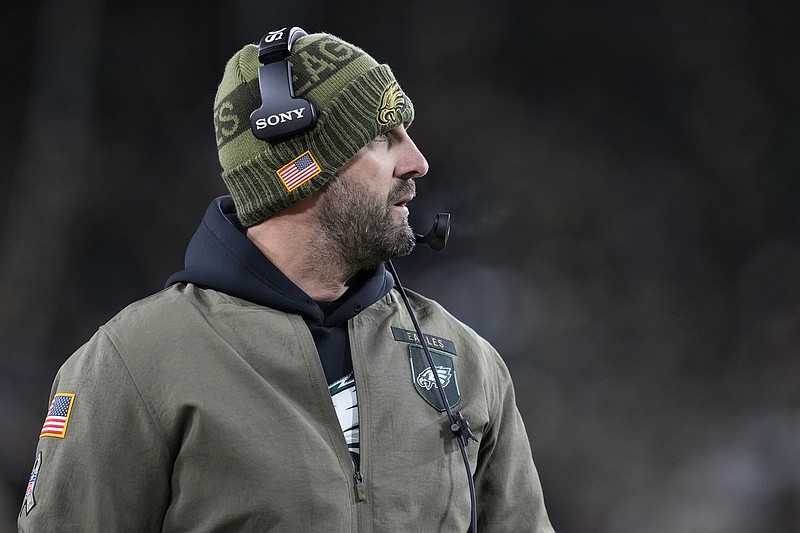 Nov 10, 2025; Green Bay, Wisconsin, USA; Philadelphia Eagles head coach Nick Sirianni on the sidelines in the first half against the Green Bay Packers at Lambeau Field. Mandatory Credit: Jeff Hanisch-Imagn Images